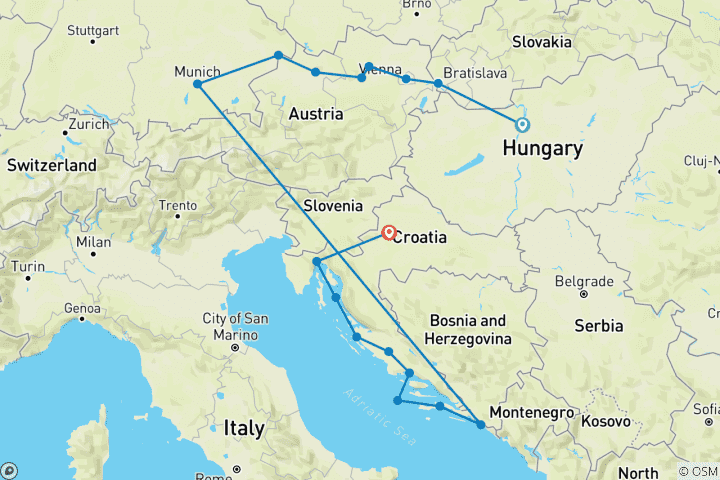 Karte von Juwelen der Adria und der Donau von Budapest nach Zagreb 2027 16-tägig) 2027)