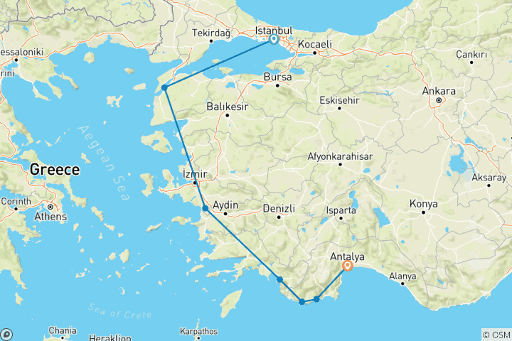 Map of Istanbul to Antalya + Fethiye to Olympos Cruise - 9 Day
