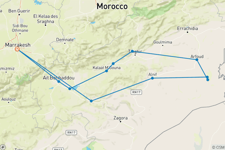 Carte du circuit Circuit privé de luxe de 3 jours dans le désert de Merzouga au départ de Marrakech