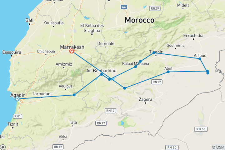 Carte du circuit Circuit privé de 3 jours dans le désert de Merzouga vers Marrakech depuis Agadir