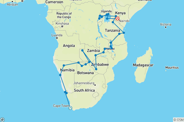 Map of Africa Encompassed Northbound (59 destinations)