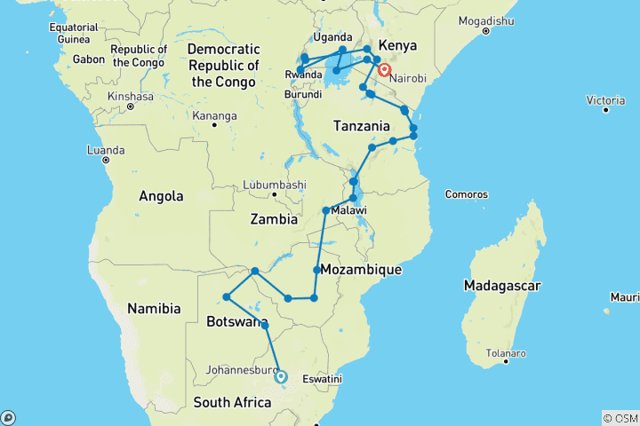 Carte du circuit De Johannesburg aux gorilles (43 destinations)