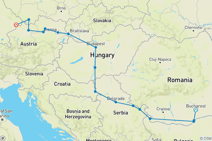 Mapa de Descubrimiento del Danubio 2027 - 16 Días (from Bucarest to Passau)