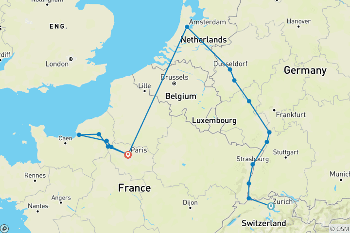 Carte du circuit Découvrez le Rhin et la Seine 2027 – 15 jours (30 destinations)