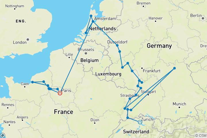 Carte du circuit Découvrez le Rhin et la Seine 2027 – 15 jours (30 destinations)