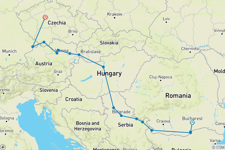 Carte du circuit À la découverte du Danube et de Prague 2027 – 19 jours (de Bucarest à Prague)