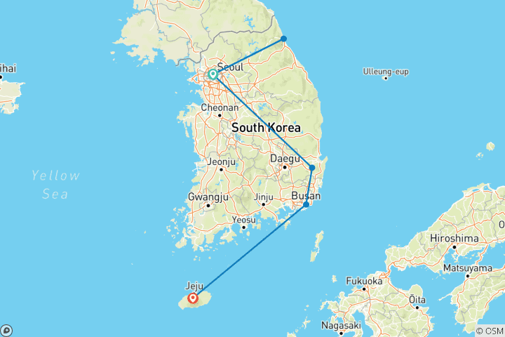 Karte von 12 Tage Panorama-Südkorea - Private Familienreise mit 4-Sterne-Hotels Keine Gruppe, anpassbar)