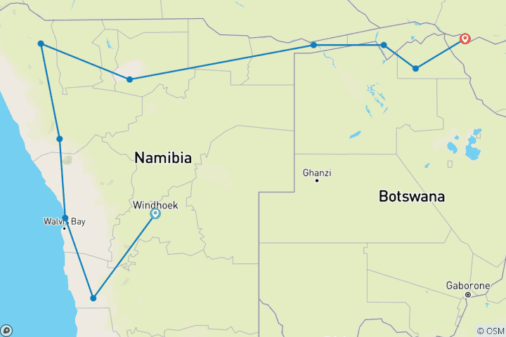 Map of 15-Day Namibia, Botswana, and Zimbabwe Safari Tour