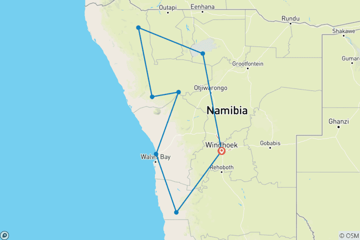 Karte von 12-tägiges Namibia Wildlife & Kultur Safari Abenteuer