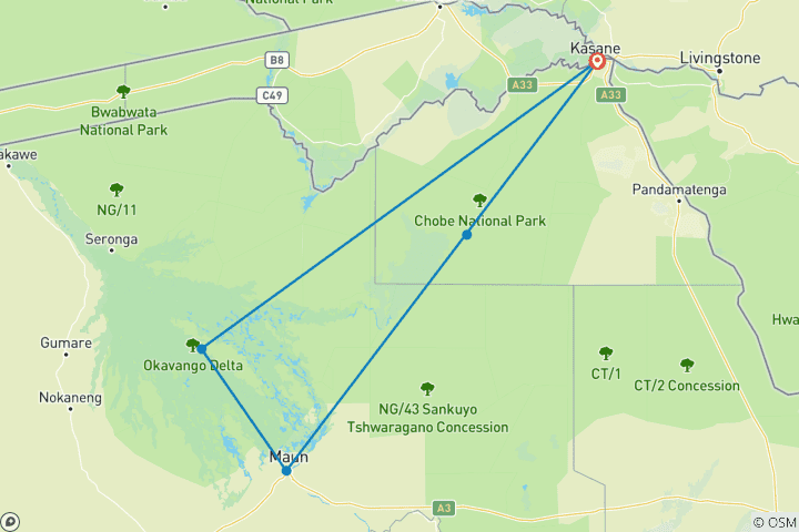 Carte du circuit Safari de 6 jours à Chobe et dans le delta de l'Okavango (Big Five)