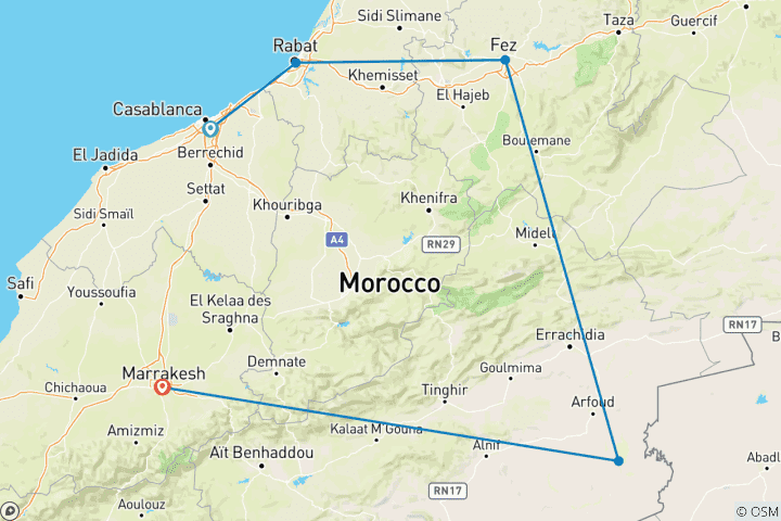 Carte du circuit 5 jours Maroc kasbah et désert