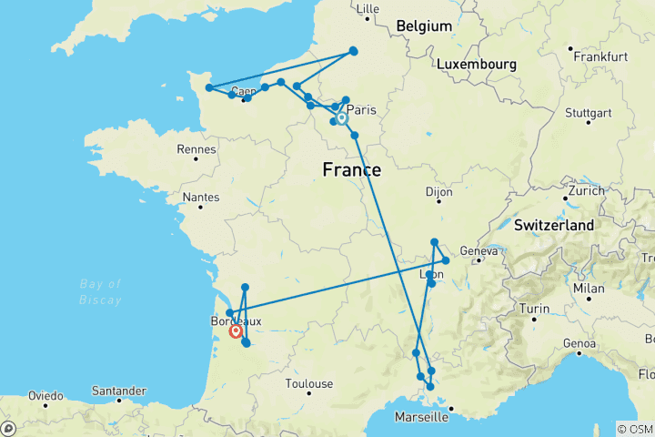 Carte du circuit Le tour de la France 2027 – 31 jours (de Paris à Bordeaux)