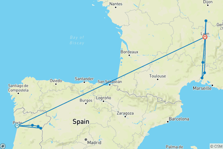Carte du circuit Inoubliable Douro & Spectaculaire Sud de la France 2027 - 21 jours (11 destinations)
