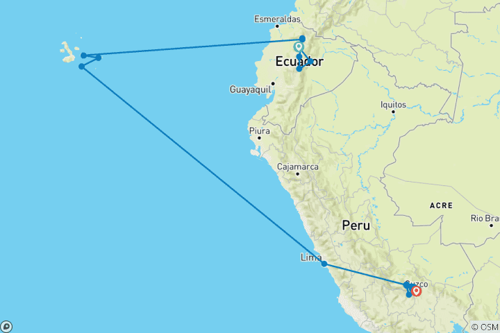 Map of Ecuador, Galapagos & Peru Explorer (24 destinations)