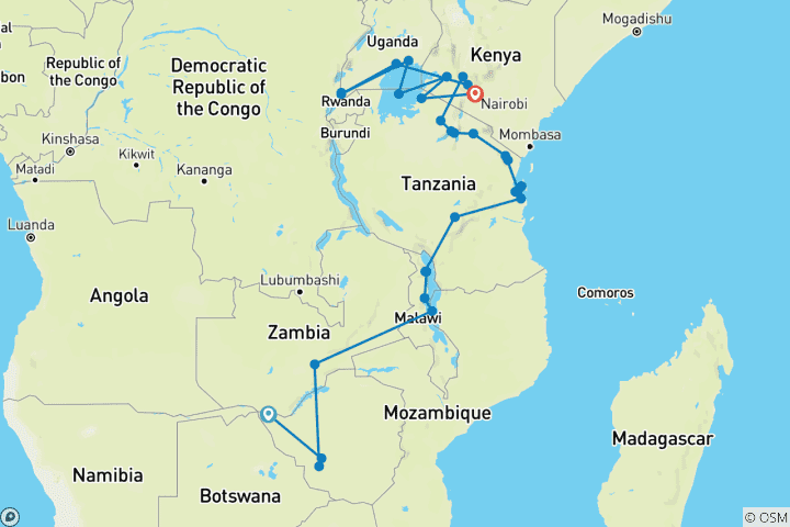 Carte du circuit Des chutes aux gorilles (40 destinations)