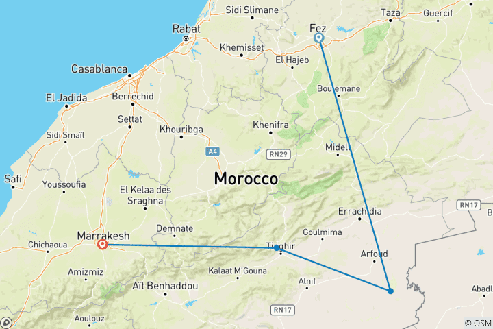 Carte du circuit Au départ de Fès : Circuit de luxe dans le désert à Marrakech 3 jours