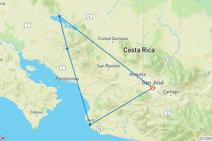 Map of Costa Rica: San Jose, Monteverde, and Jaco - 8 days