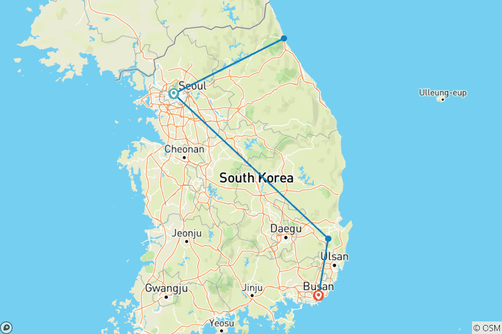 Map of 9 Day Charming South Korea (Private Guide No Group) Family Tour Customizable