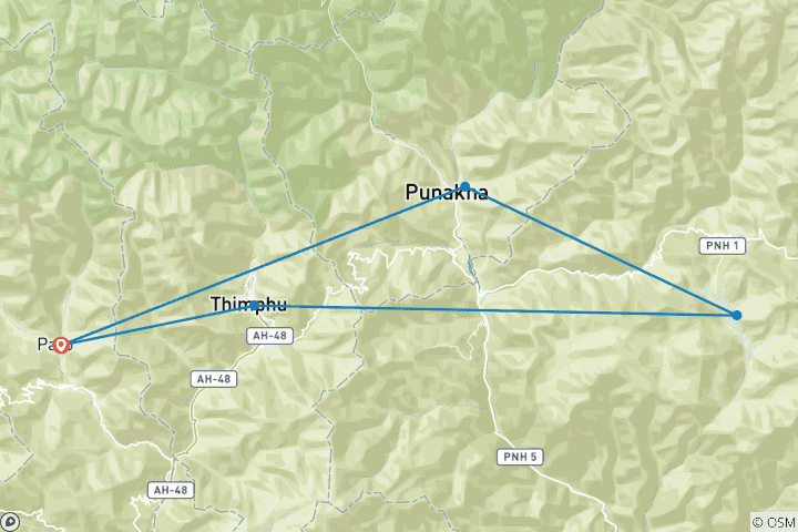 Mapa de Viaje a Bután: Phobjikha, Punakha, Timbu, Paro (7 días | 6 noches)