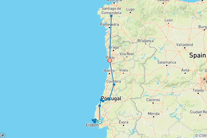 Carte du circuit Lisbonne, Fátima, Porto et Saint-Jacques-de-Compostelle