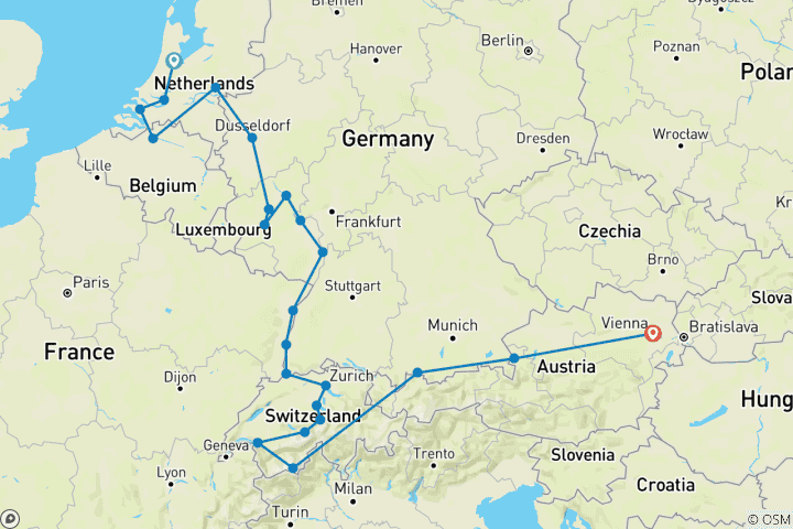Carte du circuit Rhin romantique et Moselle avec les merveilles de la Suisse et de l'Autriche 2026