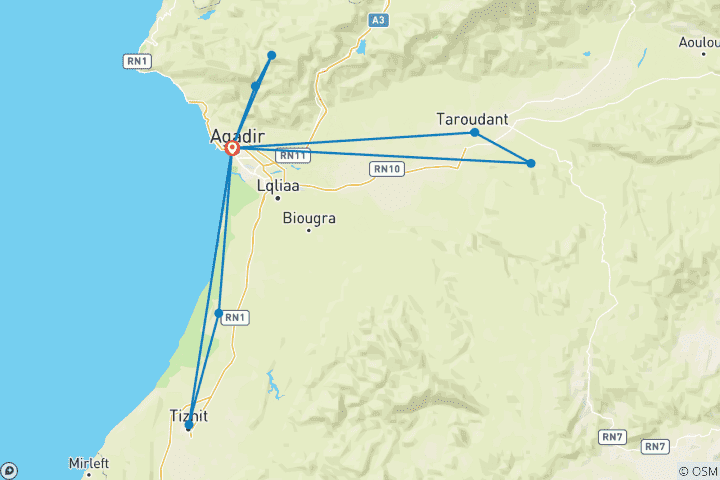 Carte du circuit 5 jours Agadir : Forteresses berbères, oasis cachées et Atlantique sauvage