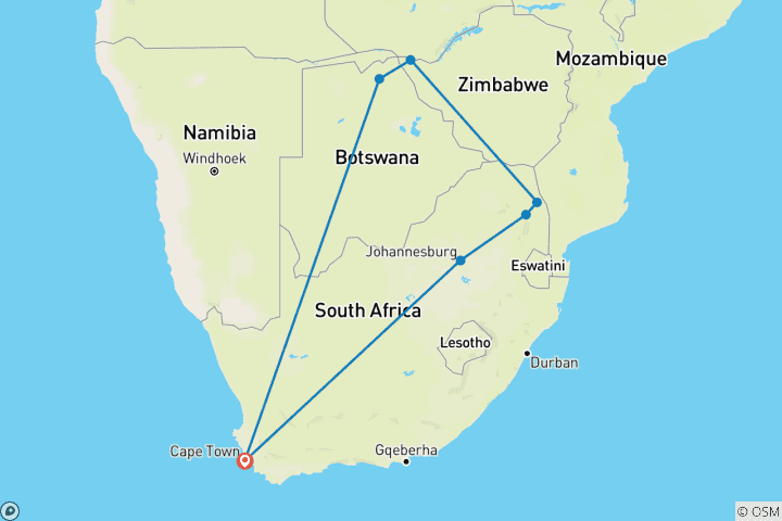 Carte du circuit 15 jours d'aventure en Afrique australe : Faune, villes et culture