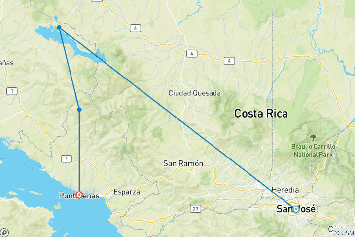 Carte du circuit Les points forts du Costa Rica : San José, Volcan Arenal, Monteverde et Puntarenas - 7 jours