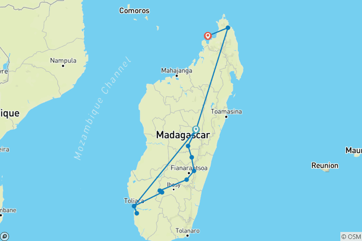 Map of Journey Through the southwest, East and north of Madagascar 21 Days