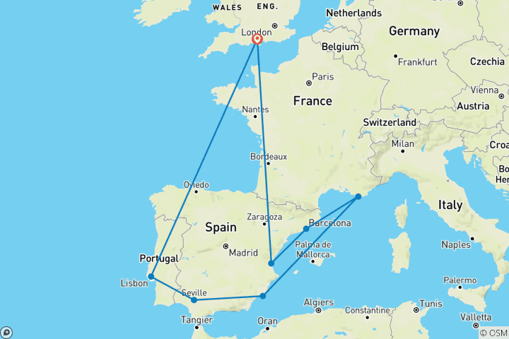 Carte du circuit 2027 Croisière sur l'éclipse solaire totale en Espagne, en France et au Portugal