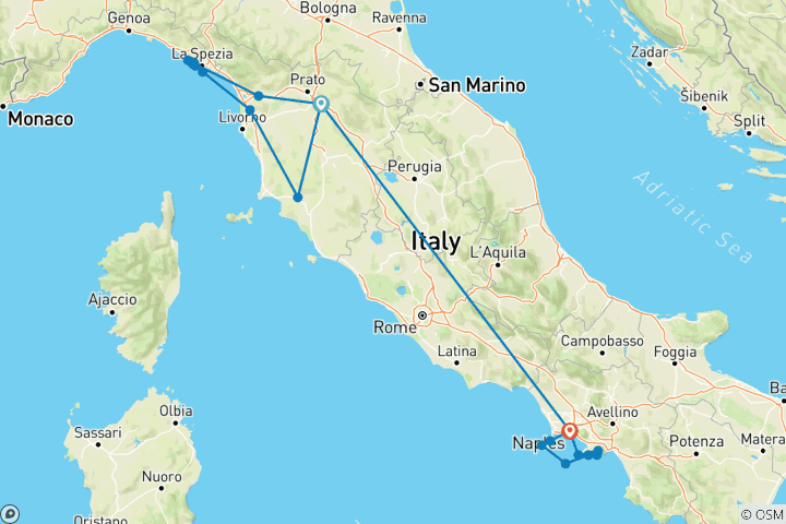 Kaart van Van Toscane naar de Amalfikust: Italië over land en zee