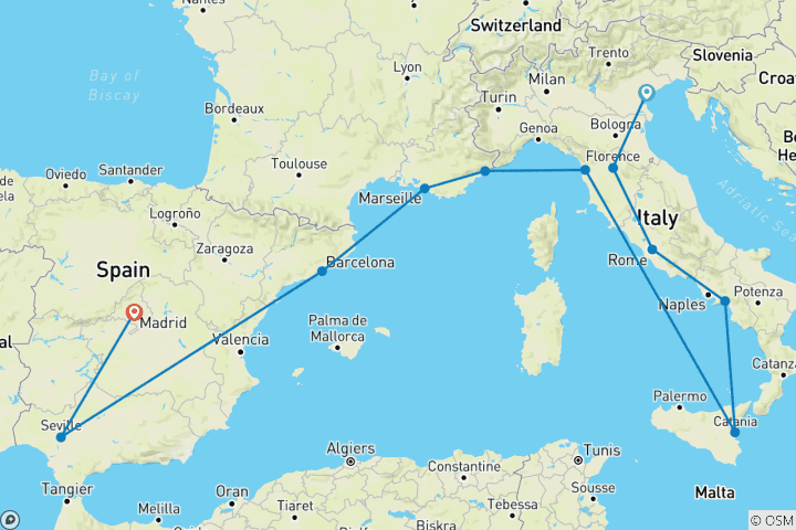 Map of 20 Days Italy France Spain Tour – 4-Star Hotels | NCL Med Cruise with Meals