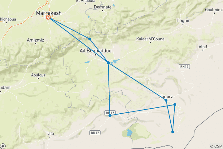 Carte du circuit Sud du Maroc en 4x4 : Explorez le désert de l'Erg Chegaga depuis Marrakech en 5 jours