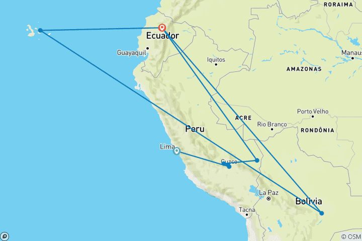 Mapa de Machu Picchu y Galápagos con la selva amazónica - 12 días de lo esencial