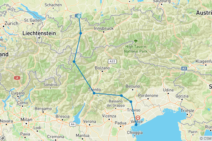 Kaart van Via Claudia Augusta - dwars door de Alpen - van Füssen naar Quarto d'Altino/Venetië - klassiek (10 dagen)