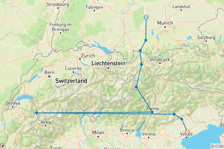 Karte von Via Claudia Augusta - Alpenüberquerung von Augsburg nach Quarto d’Altino/Venedig (13 Tage)