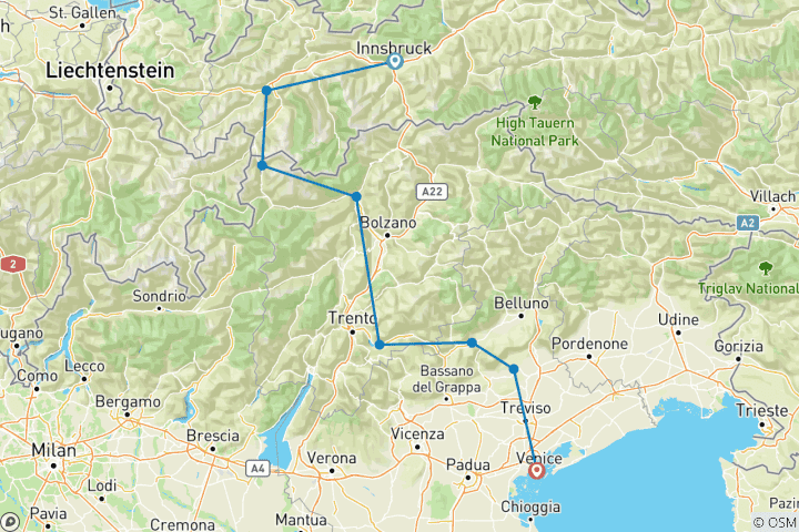 Karte von AlpenSerenissima von Innsbruck nach Venedig - sportlich (10 Tage)
