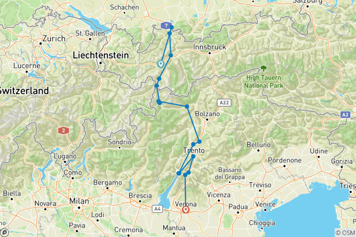 Karte von Via Claudia Augusta - Alpenüberquerung von Füssen nach Verona via Gardasee - sportlich (8 Tage)