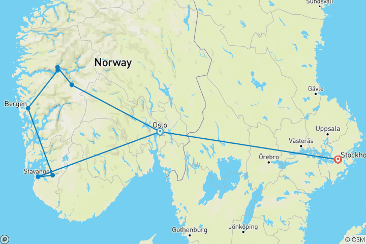 Carte du circuit MAGIC OF THE FJORDS de OSLO via STAVANGER & STOCKHOLM