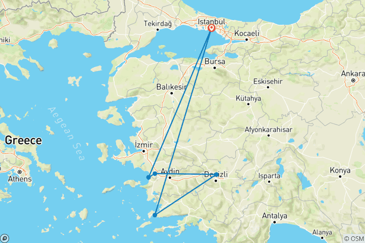 Kaart van Rondreis Istanboel Kusadasi Pamukkale & Bodrum