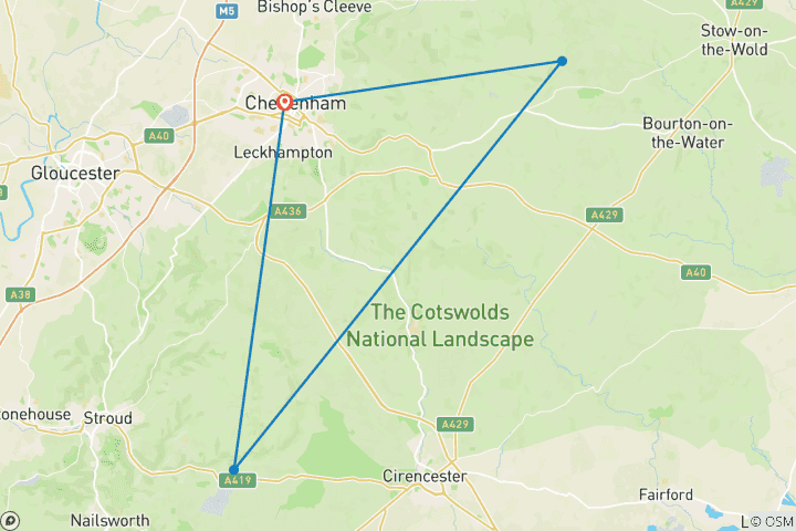Karte von Cotswolds mit dem Rad (8 Tage)