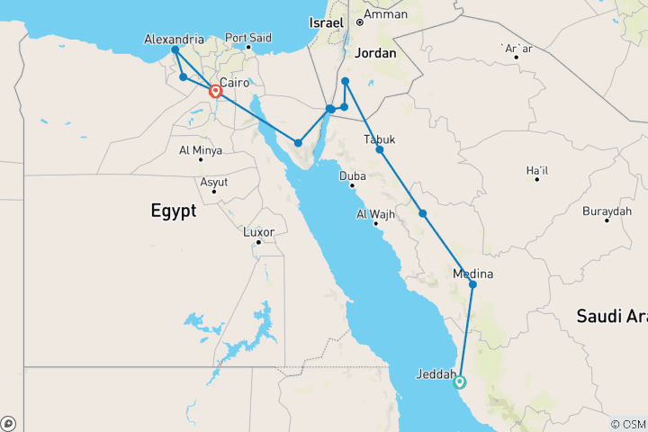 Carte du circuit Arabie, Jordanie, Alexandrie et Le Caire