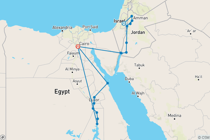Carte du circuit Jérusalem, Jordanie et Égypte éternelle avec Hurghada et Le Caire (19 destinations)