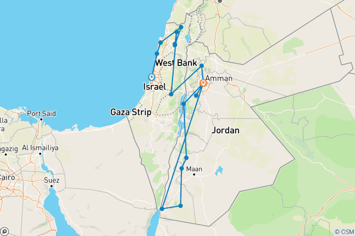 Carte du circuit Israël et Jordanie (18 destinations)