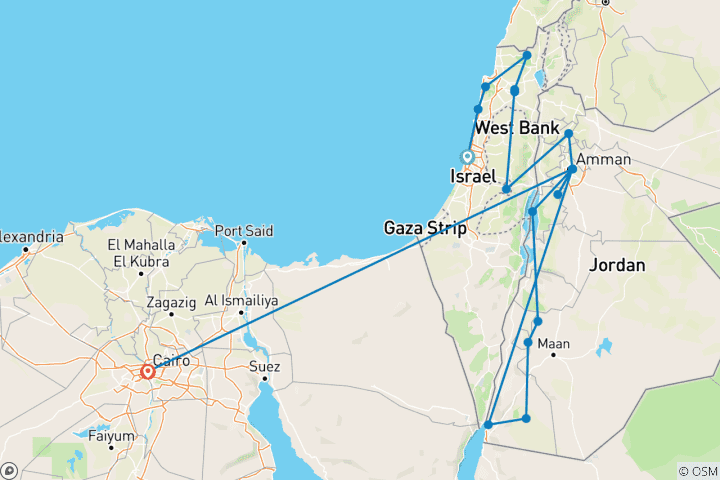 Carte du circuit Israël, Jordanie et Le Caire (18 destinations)