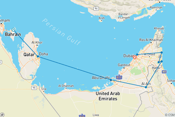 Kaart van Bahrein, Qatar, Dubai en de Arabische Emiraten (9 bestemmingen)