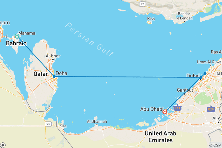 Kaart van Bahrein, Qatar, Dubai en Abu Dhabi (5 bestemmingen)