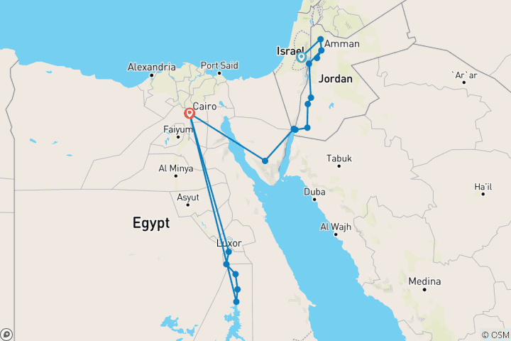 Carte du circuit Les contrastes de Jérusalem, de la Jordanie et de l'Égypte (19 destinations)