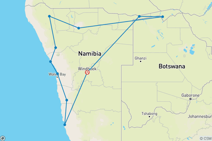 Kaart van 22-daagse Authentieke Namibië-Safari & Culturele Ontdekkingsreis