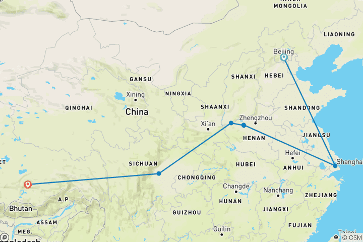 Mapa de Esencia de China con Chengdu y Lhasa (7 destinations)